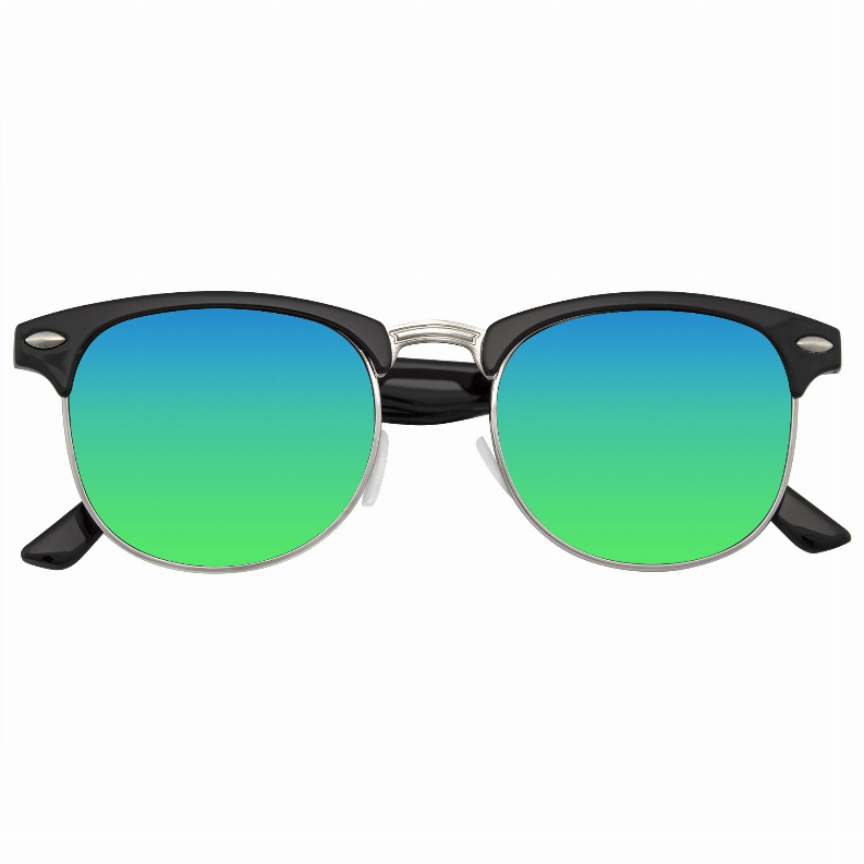 Retro round sunglasses with mirrored blue-green lenses, black-and-silver frame, horned tips