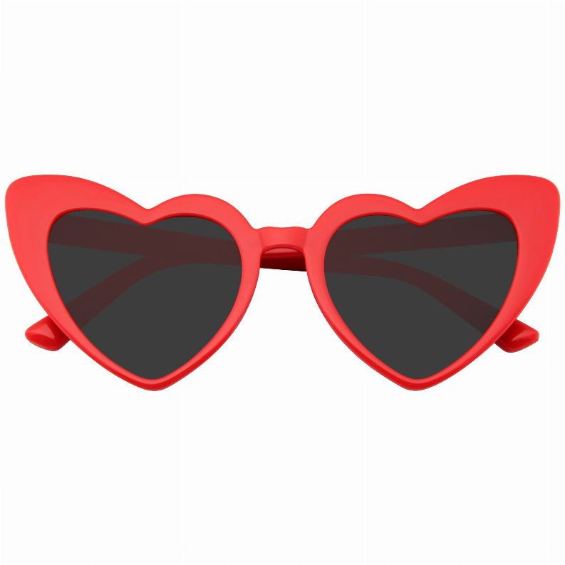 Heart cat-eye sunglasses with red frame and dark lenses, wide front view