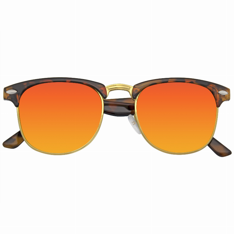 Retro half-frame sunglasses with rounded orange flash-mirror lenses, tortoise sides, gold bridge