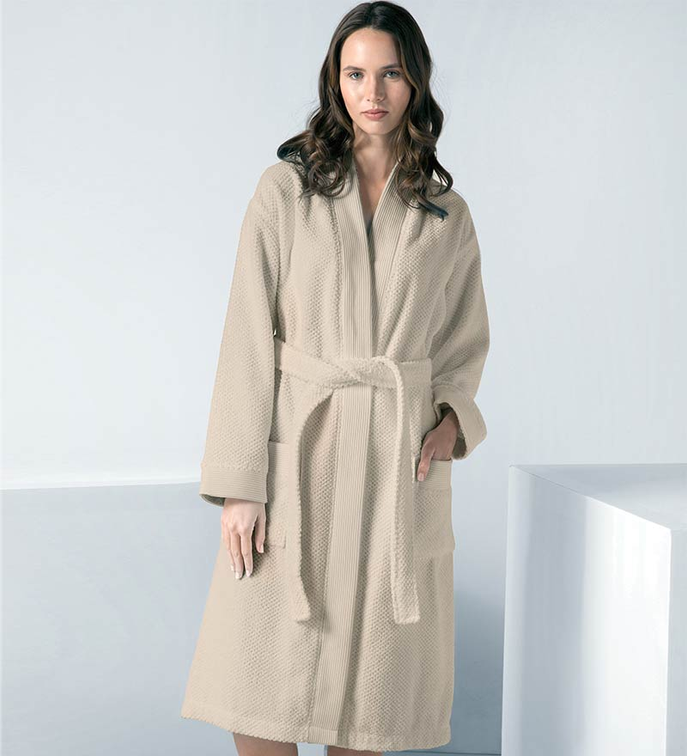 Beige terry kimono bathrobe with shawl collar and belt tie, front view