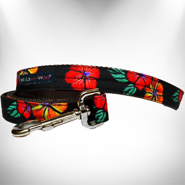 Dog leash with colorful floral pattern, black webbing, metal clasp and D-ring