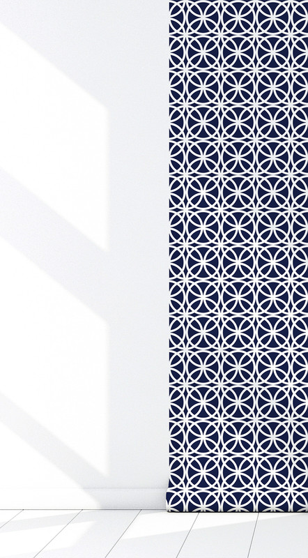 Blue and white circle medallion peel-and-stick wallpaper on corner wall