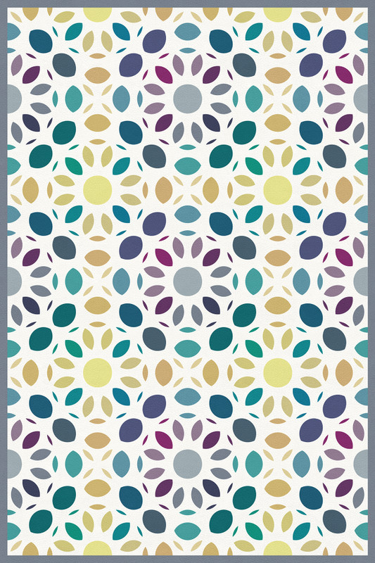 Multi-color mosaic vinyl rug with teal, yellow, purple, and gray circle pattern