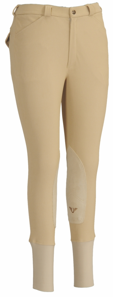 Men's ribbed patrol knee patch breeches, tan front with button waist and side seams