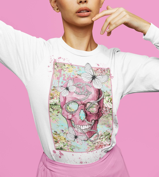 White crewneck T-shirt with colorful skull and butterfly graphic on front