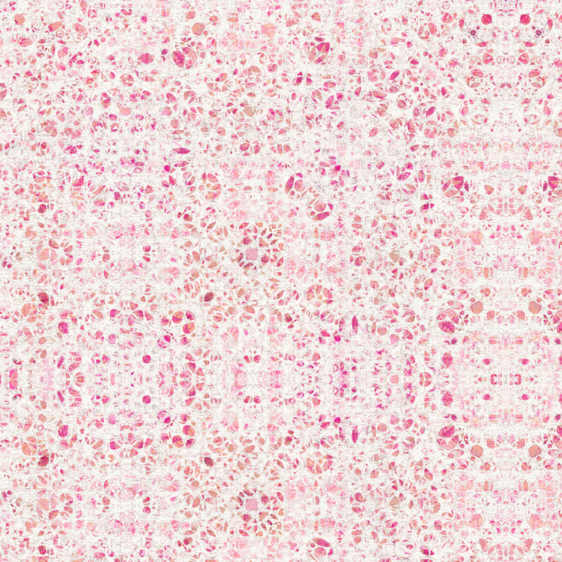 Close-up pink and white floral speckled rug surface with small red flower motifs