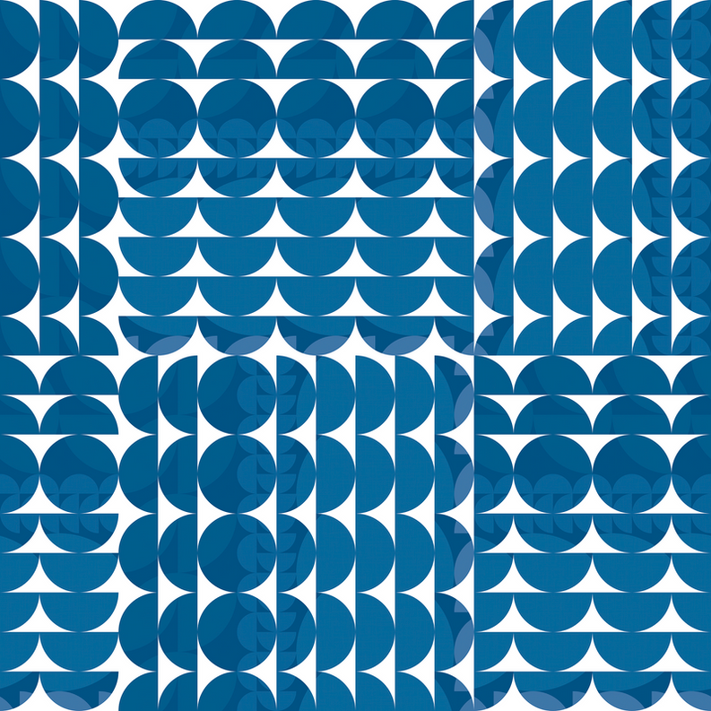 Blue and white geometric wallpaper close-up with repeating semicircle and circle motifs.