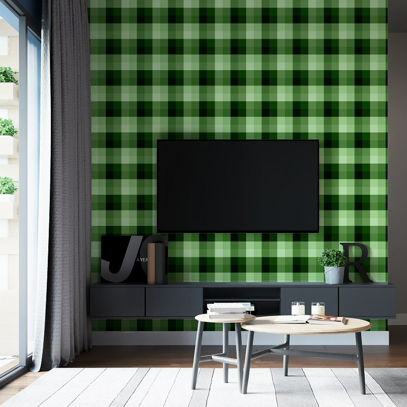 Peel-and-stick wallpaper in green and black modern plaid on a feature wall