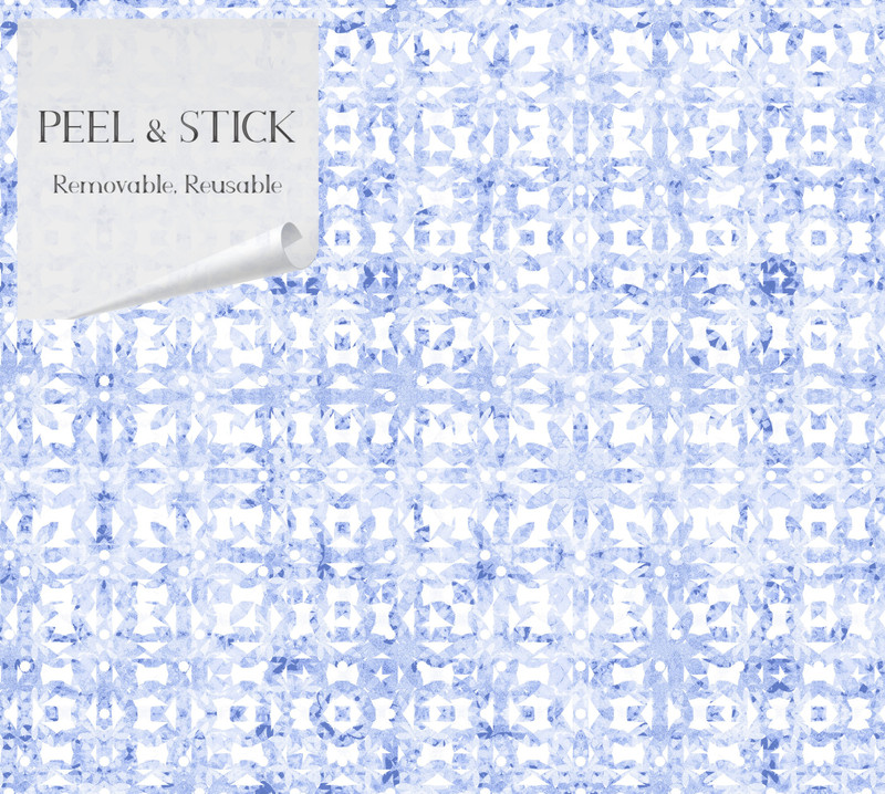 Peel-and-stick wallpaper sheet close-up with blue repeating motif pattern