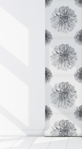Peel-and-stick vinyl wallpaper panel with gray daisy pattern at wall corner