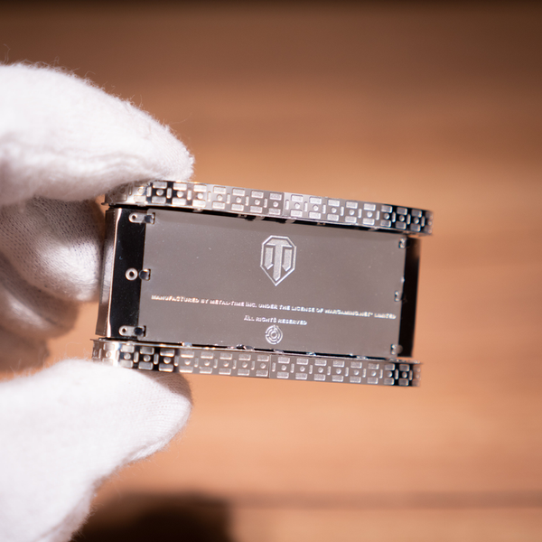 Metal tank model base plate with etched logo and attachment bars