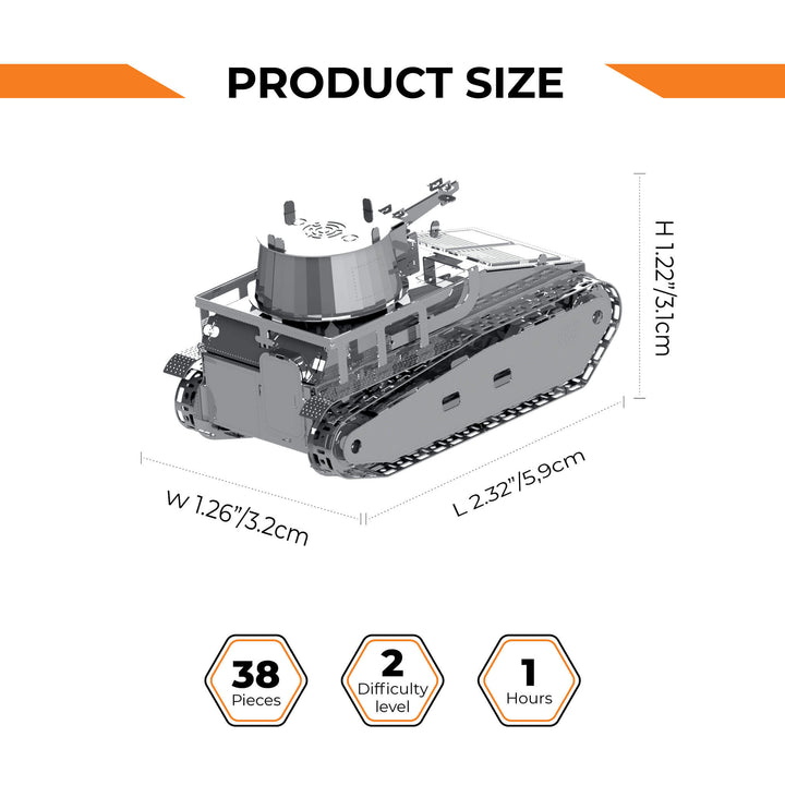 Tracked tank model size diagram with dimensions and piece count icons