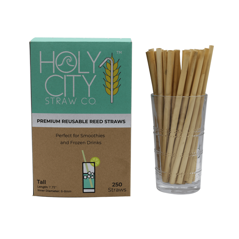 250-count reusable reed drinking straws pack with glass of bundled straws.