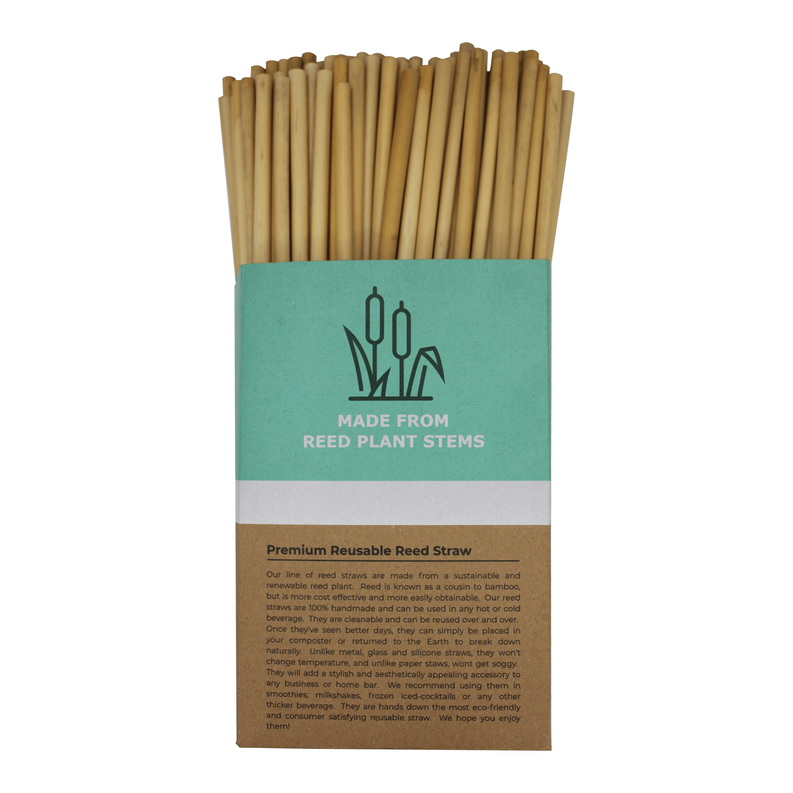 Reusable reed drinking straws bundle, tan stems with teal product wrap.