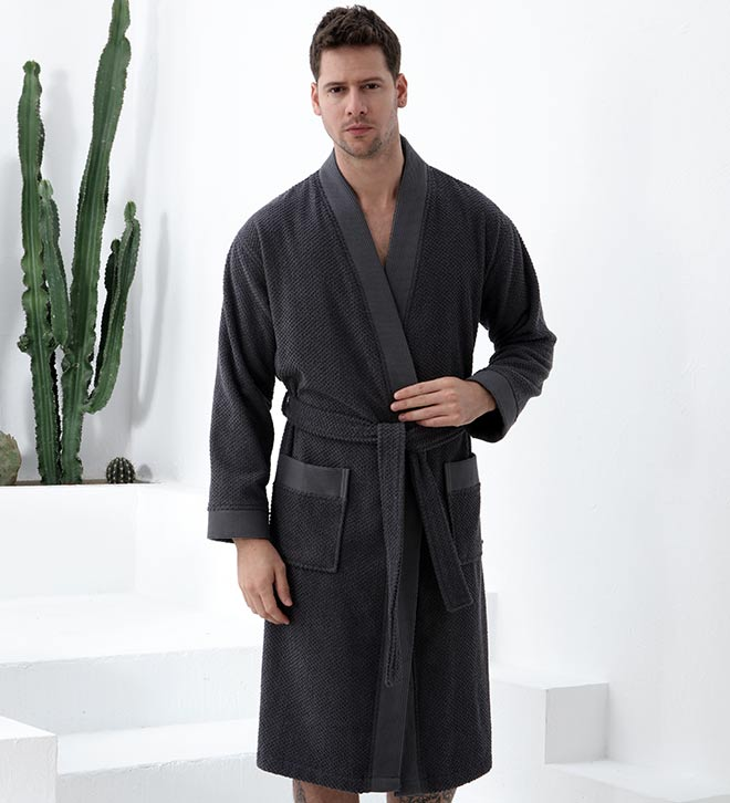 Men's charcoal terry kimono bathrobe with shawl collar, belt tie, and front pockets