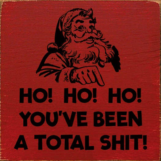 Red holiday graphic with Santa face and bold 'HO! HO! HO!' text, dark lettering