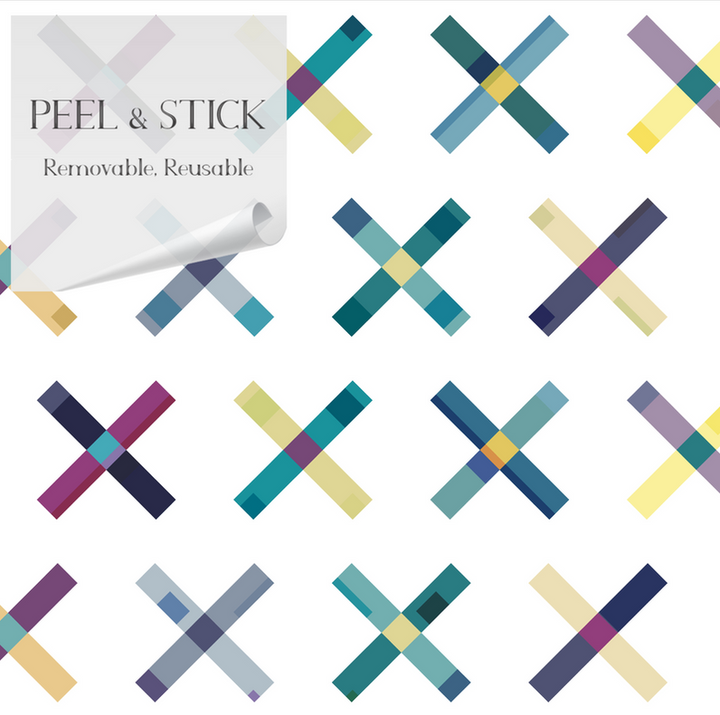 Peel-and-stick wallpaper close-up with colorful X geometric pattern on white