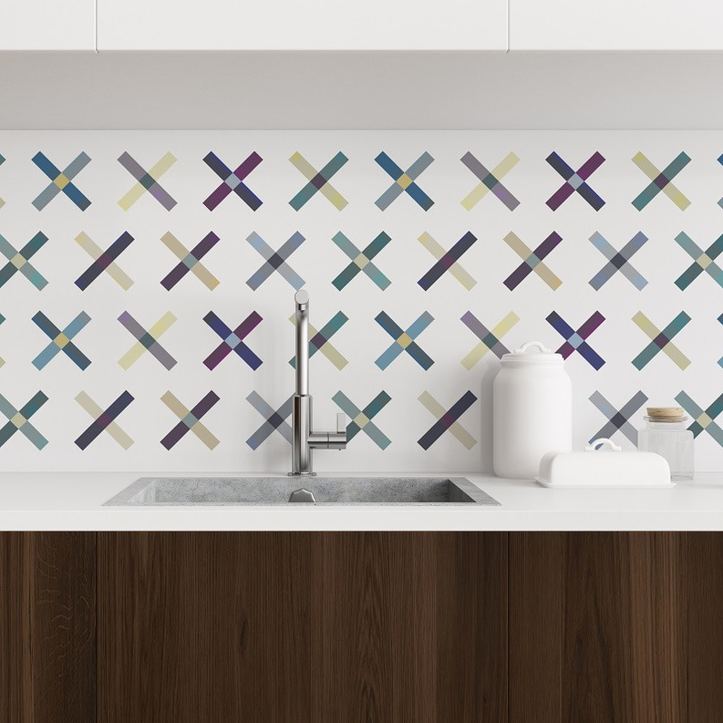 Geometric peel-and-stick wallpaper with multicolor X pattern on kitchen wall