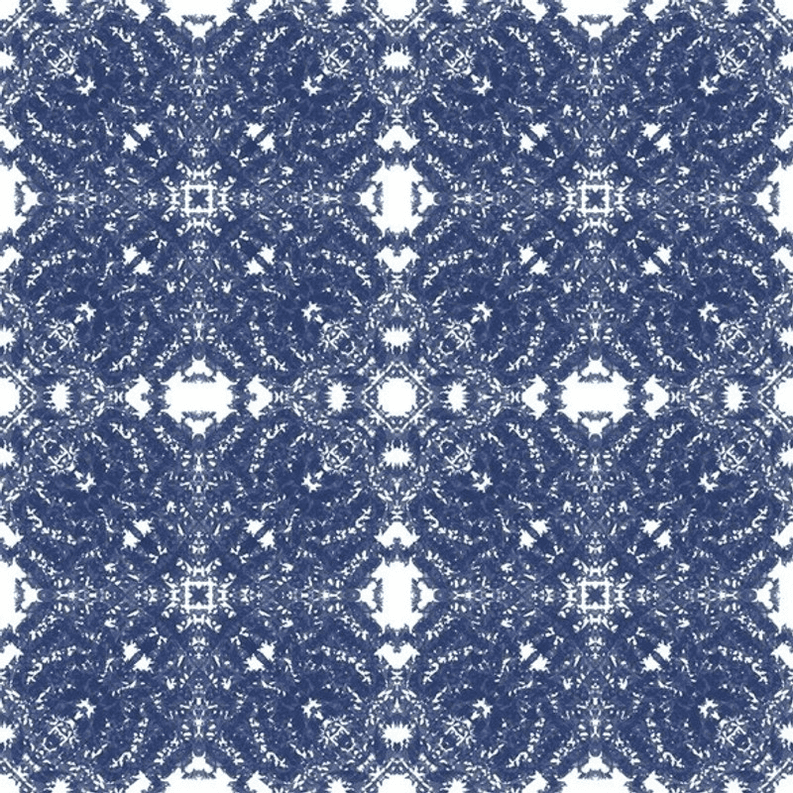 French lace designer wallpaper with repeating navy and white floral lattice pattern