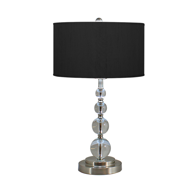 Black drum shade table lamp with chrome stacked-globe base and round pedestal
