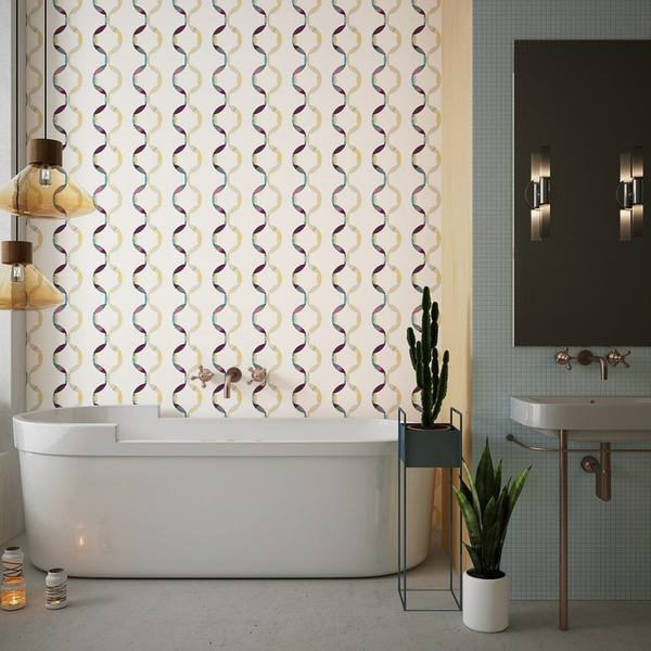 Striped peel-and-stick wallpaper with multicolor looping shapes on a light background