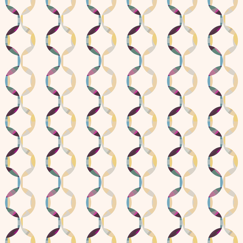 Peel-and-stick wallpaper pattern with multicolor curved loops repeating on cream