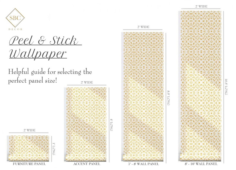 Peel-and-stick wallpaper sample panels with small gold speckle pattern