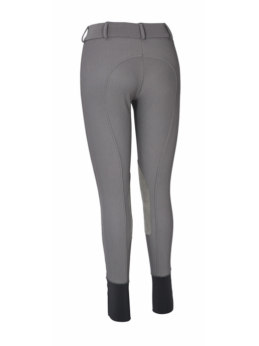 Women's charcoal knee-patch breeches with wide low-rise waistband, back view