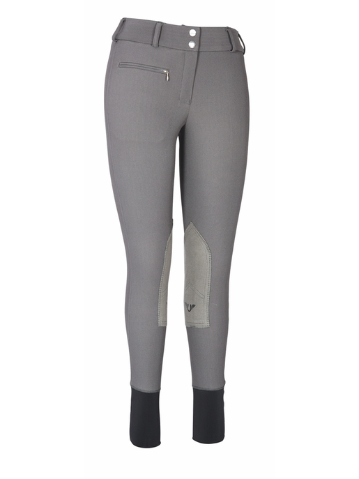 Women's charcoal knee-patch breeches with belt loops, zipper fly, front view