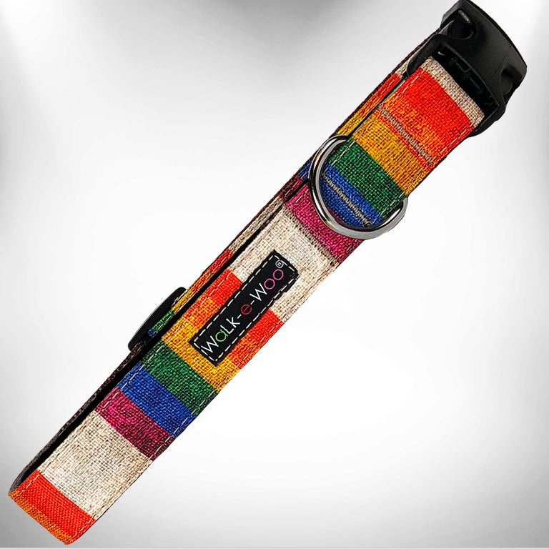 Multicolor striped dog collar with black buckle and D-ring, Walk like WOOL patch