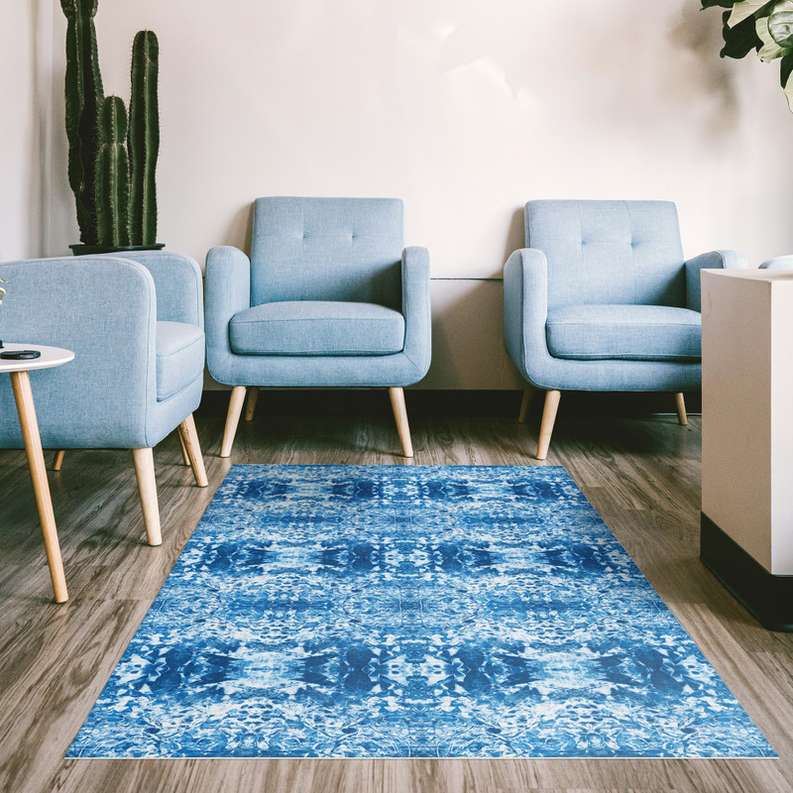 Abstract blue rectangular rug with non-slip backing for indoor and outdoor use