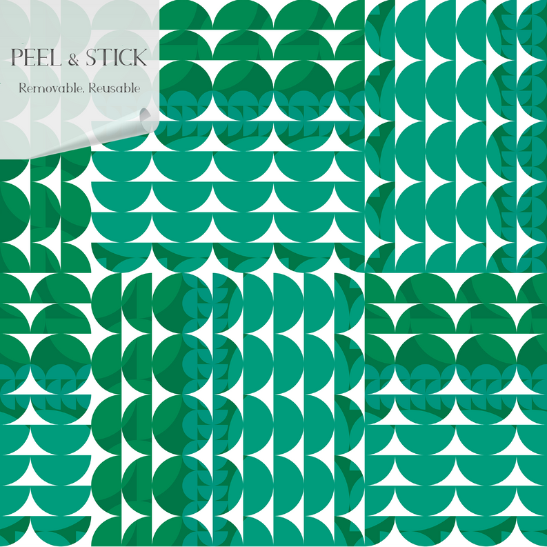 Green peel-and-stick vinyl wallpaper panel with repeating scallop-circle motif.