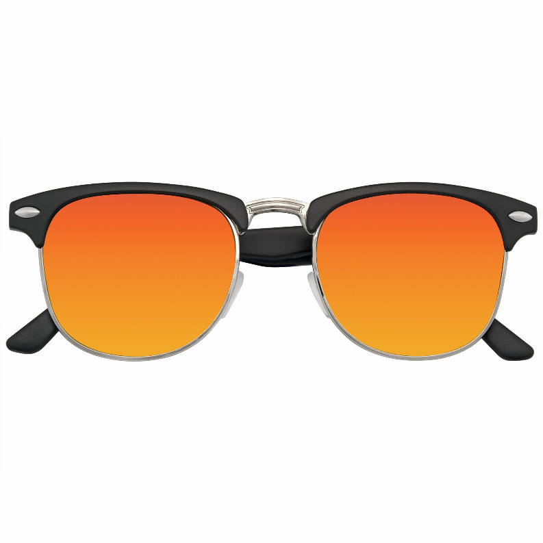 Retro half-frame sunglasses with black frame and orange flash mirror lenses