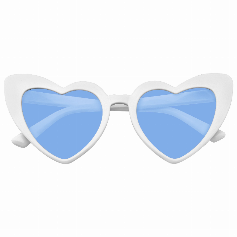 White heart-shaped sunglasses with blue tinted lenses, retro cat-eye style