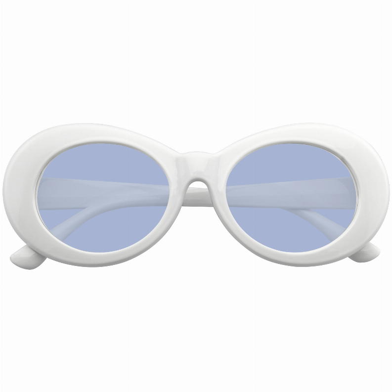 White oversized retro oval sunglasses with blue tinted lenses