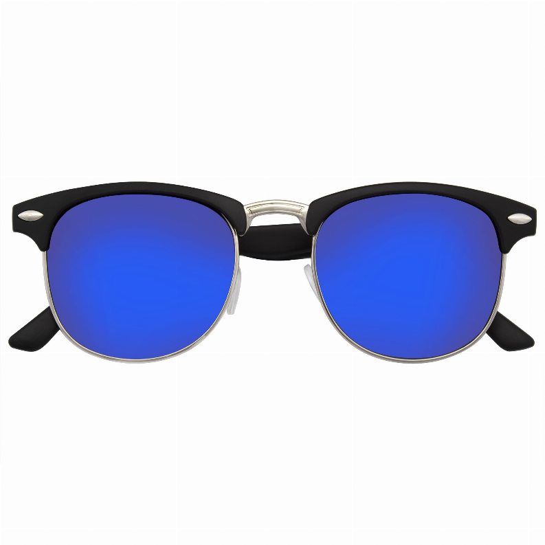Retro half-frame sunglasses with blue flash mirror lenses, black bridge, and horn-style temples