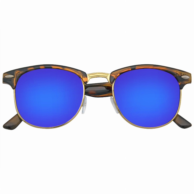 Tortoise half-frame sunglasses with blue flash mirror lenses and horned acetate temples