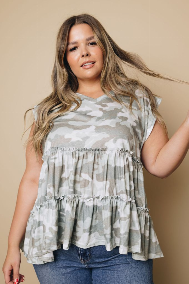 Camouflage babydoll tank top with gathered tiers and ruffled hem, round neckline