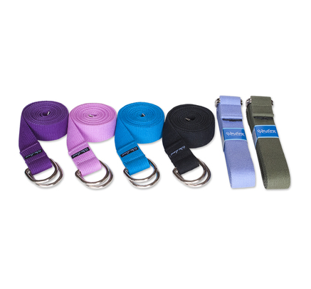 Yoga strap set with six coiled straps in purple, pink, blue, black, light blue, green