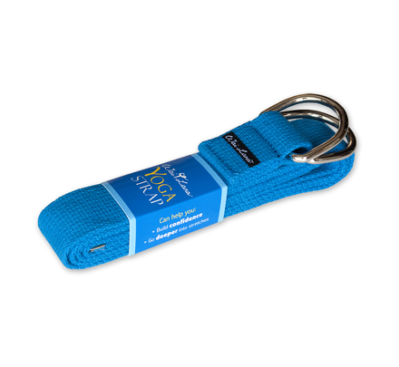 Blue yoga strap with stitched strap and metal D-ring handle