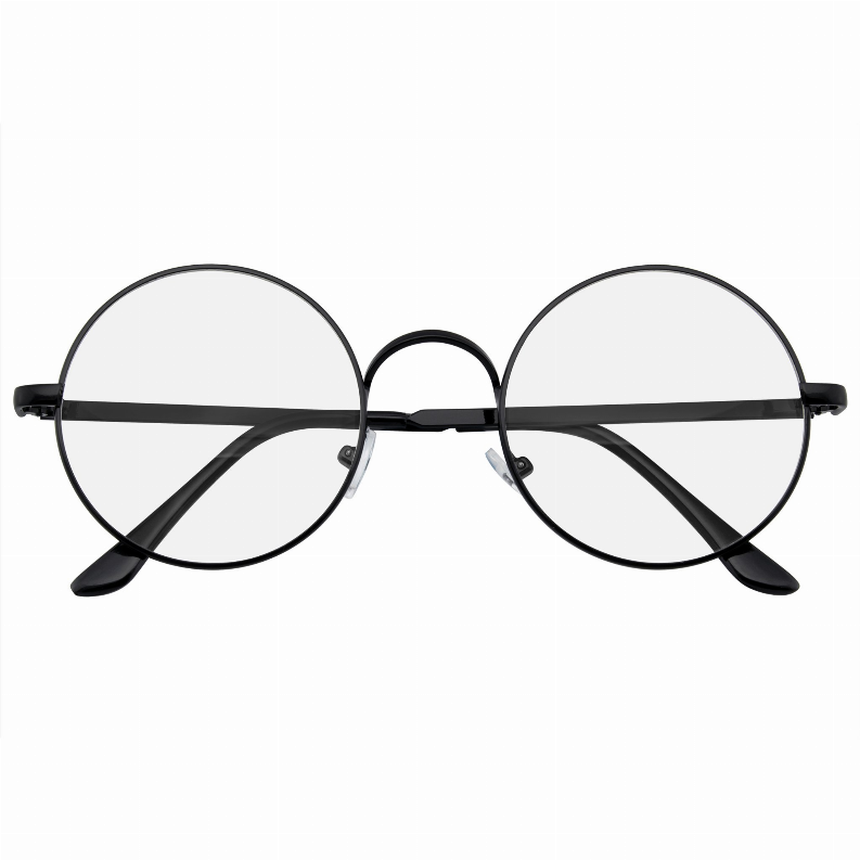 Black round metal glasses with clear lenses and slim straight temples