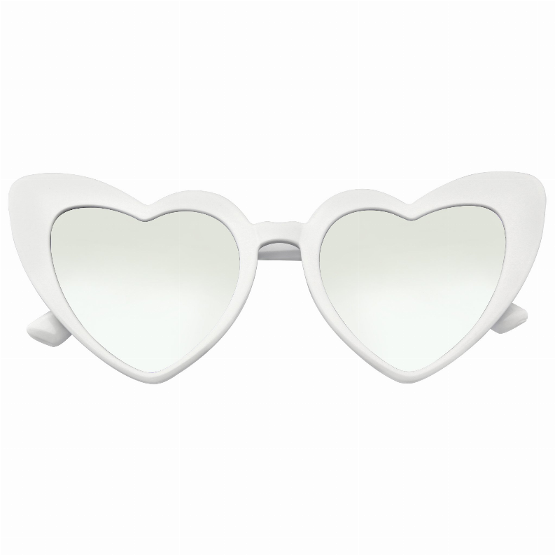 Oversize heart-shaped mirrored sunglasses with cat-eye frames, white and silver
