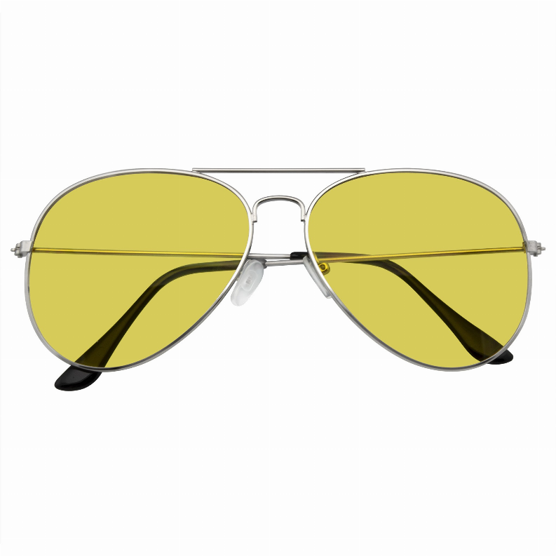 Retro tinted sunglasses with yellow lenses, thin metal frame, curved arms