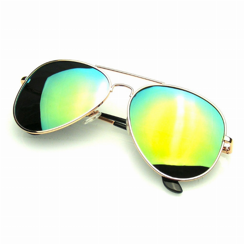 Gold-framed aviator sunglasses with mirrored green-blue lenses and black tips