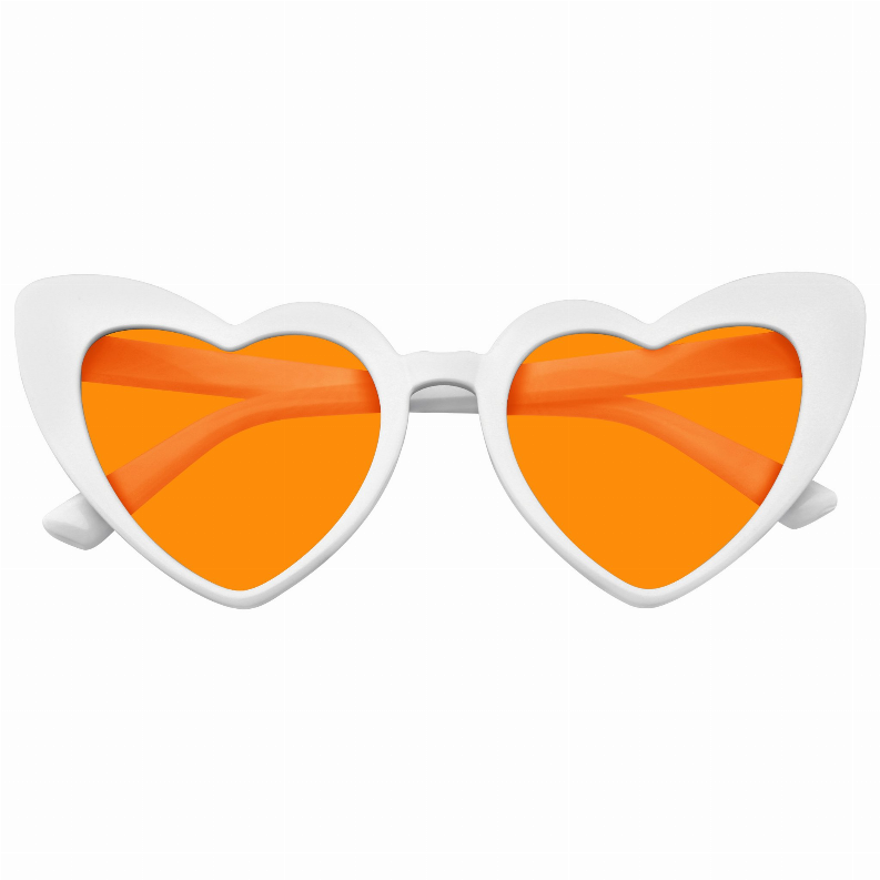 Heart-shaped cat-eye sunglasses with white frames and orange tinted lenses