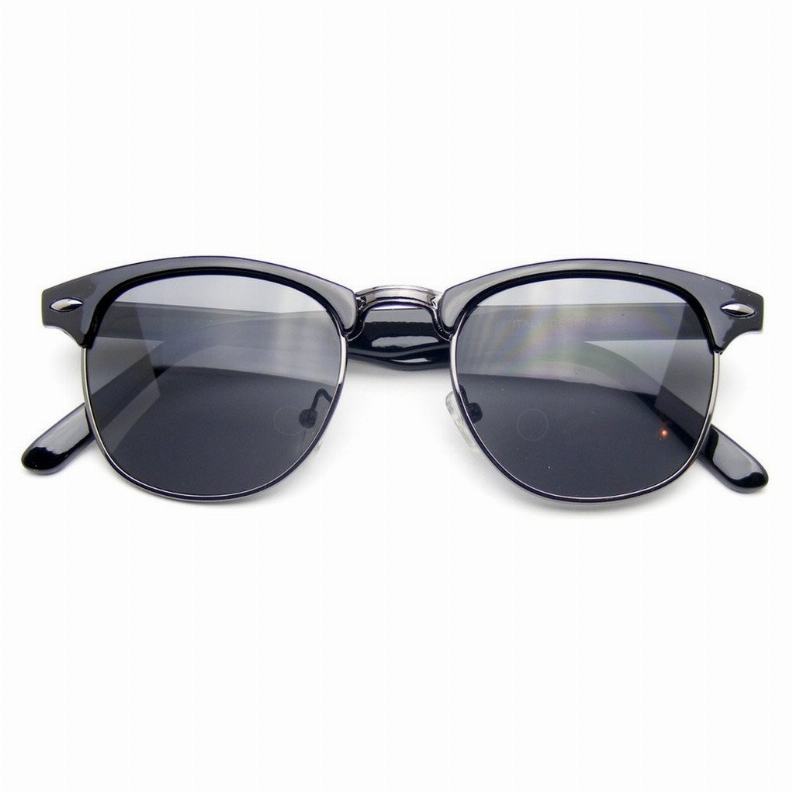 Front view horn-rim sunglasses with dark lenses and black temples; metal hinge details
