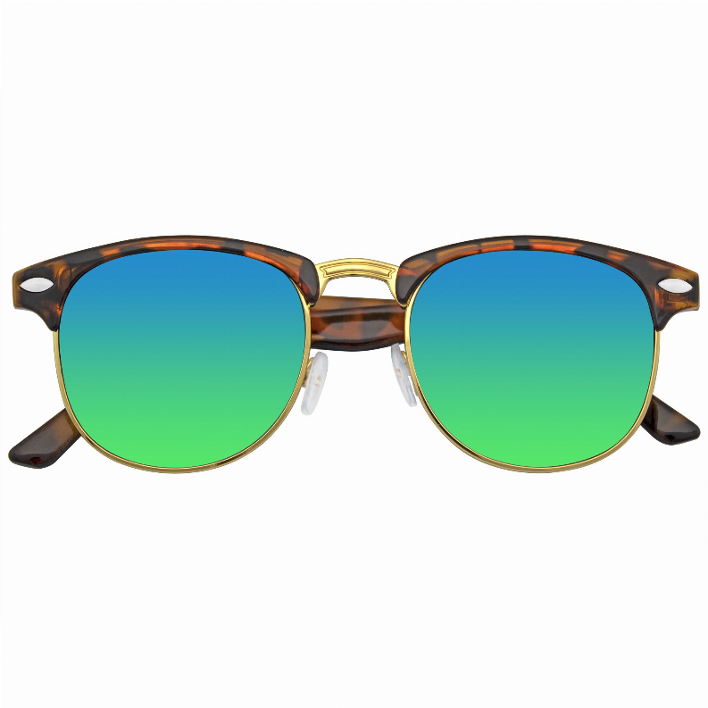 Retro semi-rimless sunglasses with mirrored teal lenses, gold bridge, and horn sides