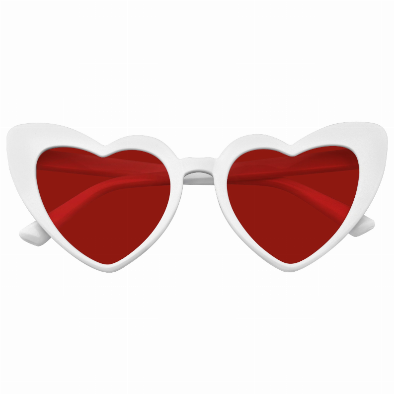 White heart-shaped cat-eye sunglasses with red tinted lenses