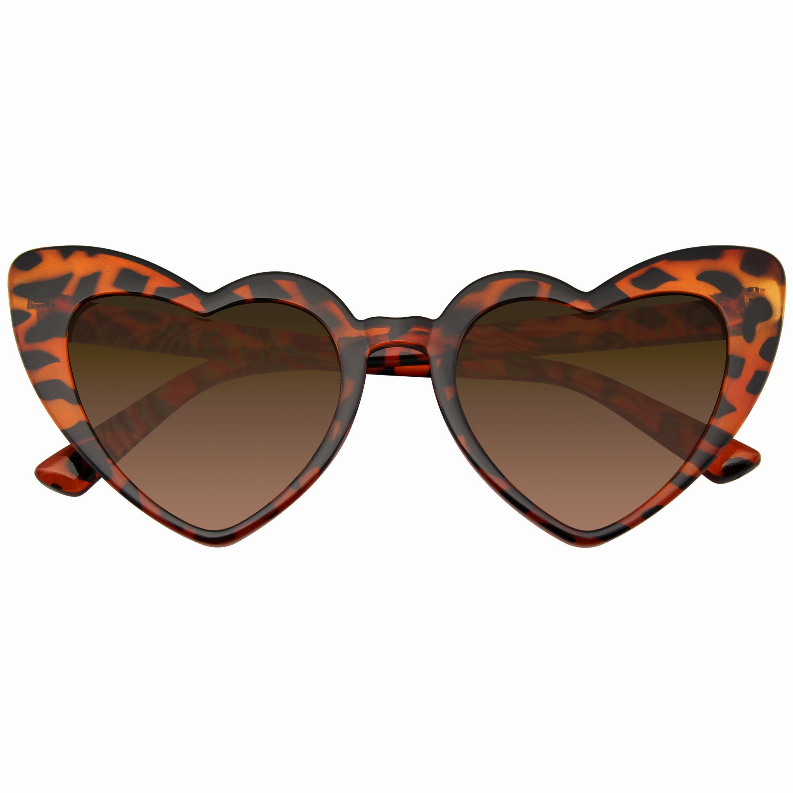 Heart-shaped cat-eye sunglasses with dark tinted lenses and tortoiseshell orange frame