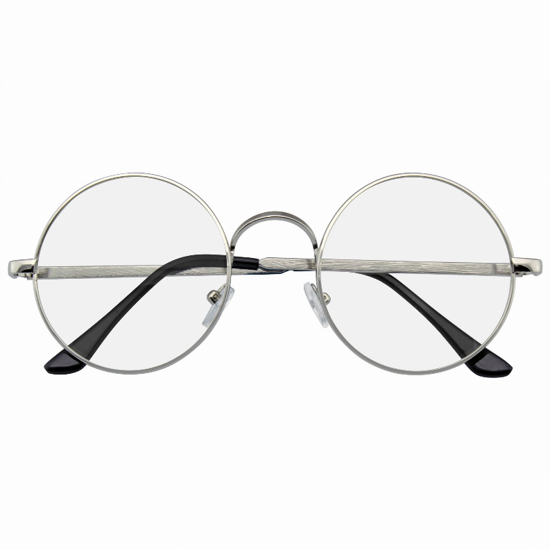 Round metal eyeglasses with clear lenses and black temple arms